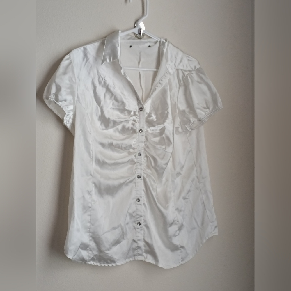 Unbranded Blouse Women XL  White Button Down Satin Chic Office Versatile Academi